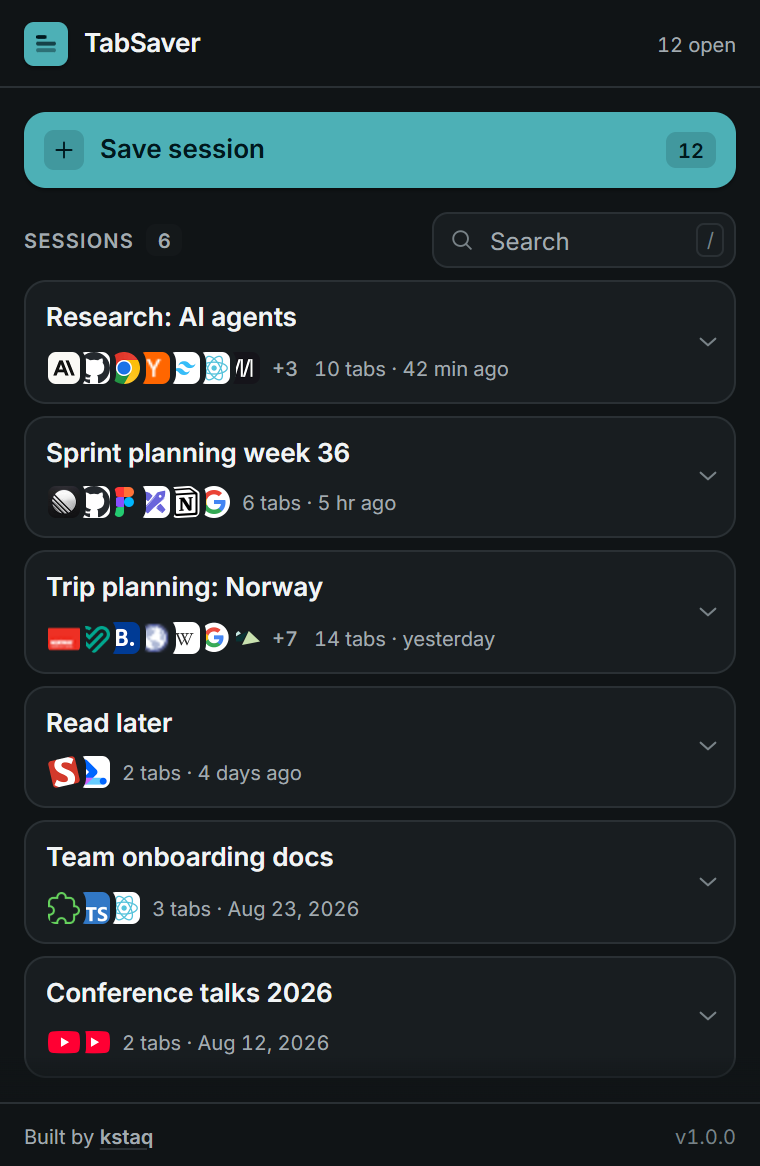 The TabSaver popup in dark mode