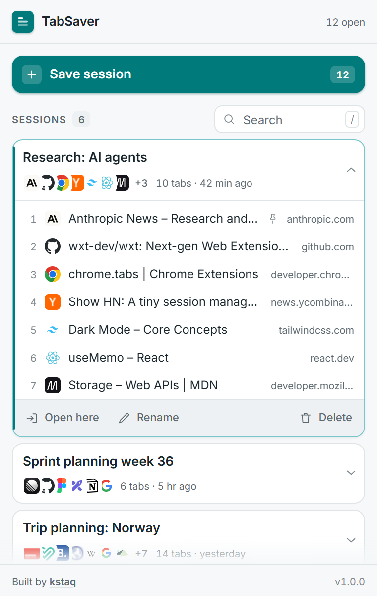 A session expanded in TabSaver, listing each saved tab with its title and domain plus actions to open, rename or delete