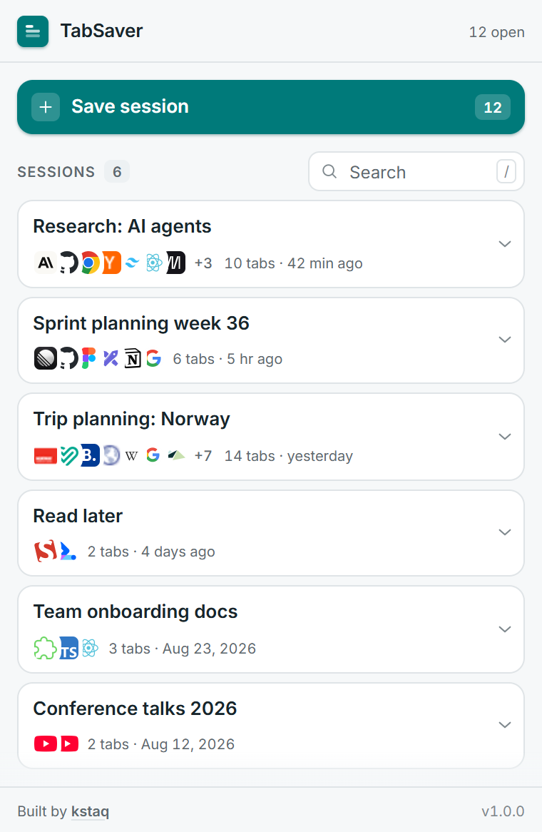 The TabSaver popup showing six saved sessions with favicon stacks, tab counts and timestamps