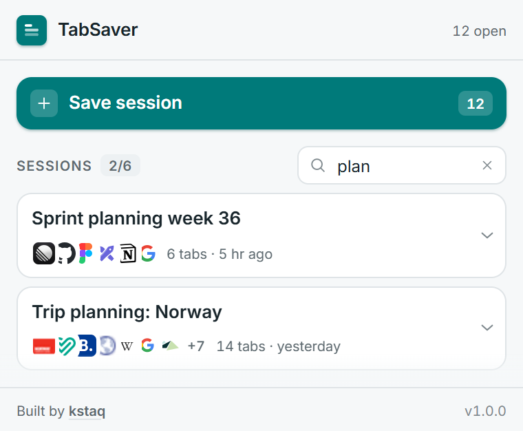 TabSaver filtering sessions down to two matches while typing in the search field
